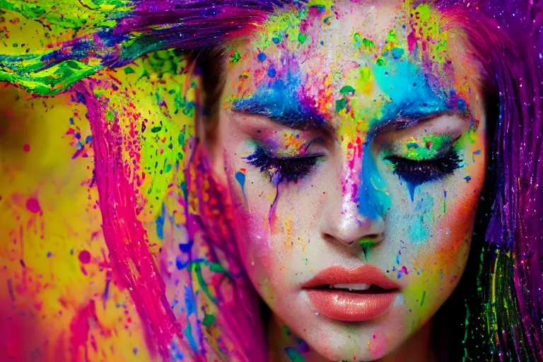 Image similar to a highly detailed cinematic headshot portrait photograph of a woman with a liquid paint headdress, with rainbow paint splash, melting smoothly into other faces, liquid, ultra realistic, beautiful rim lighting, by richard avedon and annie leibovitz and arnold newman, photorealistic, hyperrealistic, octane, high speed camera, zeiss lens, sharp focus, paint splash