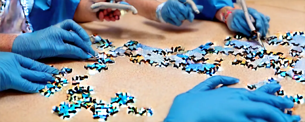 Image similar to a surgeon with realistic hands using a scalpel on a partially completed jigsaw puzzle on a table