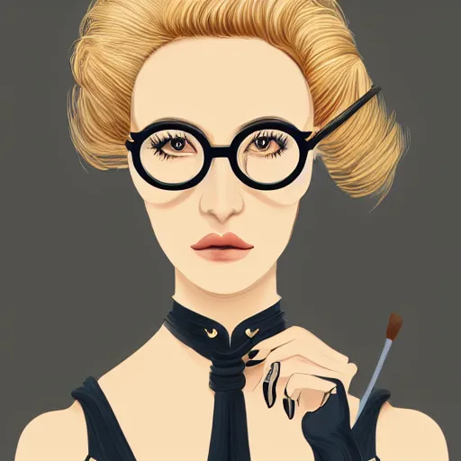 Image similar to middle aged beautiful french woman with blonde hair tied in a strict bun, spectacles, lots of makeup, arrogant, rich, expensive voluminous dress, character portrait, digital art, high quality, 8 k, detailed, d & d character,