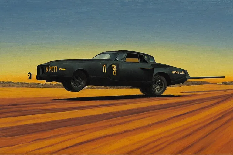 Image similar to illustration of mad max's pursuit special, the last v 8 interceptor, grant wood, pj crook, edward hopper