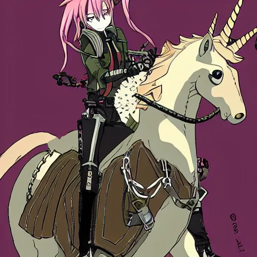 Image similar to reze from chainsaw man riding a unicorn, steampunk style