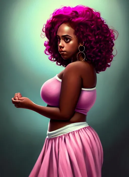 Image similar to full body portrait, teenage vanessa morgan, pink hair, obese, black girl, curly pixie hair, sultry, realistic, short hair, hoop earrings, skirt, shirt, fat, belly, intricate, elegant, highly detailed, digital painting, artstation, concept art, smooth, sharp focus, illustration, art by wlop, mars ravelo and greg rutkowski