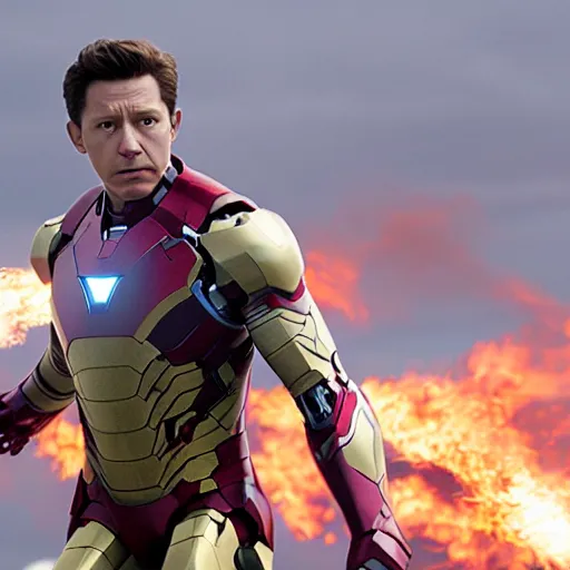 Prompt: promotional image of Tom Holland as Iron Man in Iron Man（2008）, he wears Iron Man armor without his face, movie still frame, promotional image, imax 70 mm footage