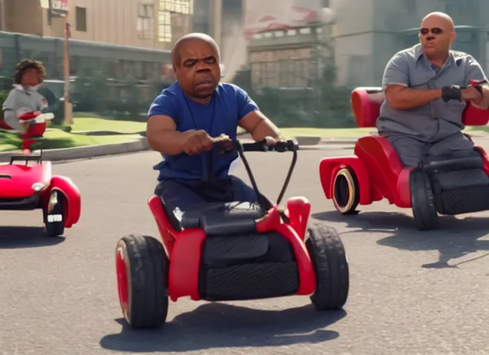 Image similar to peter dinklage racing gary coleman driving a little tikes cars, movie still, from the new fast and furious movie, 8 k, realistic