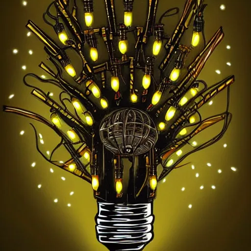 Image similar to beautiful painting of the benevolent spirit of lightbulbs surrounded by mechanical fireflies in the style of Welder Wings and H. R. Giger. Dark background, detailed, trending on Artstation