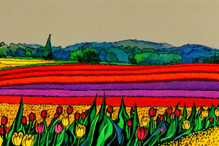 Prompt: painting of a tulip field with rolling hills, watercolour by wes wilson, victor moscoso, robert crumb, peter max, william finn, martin sharp