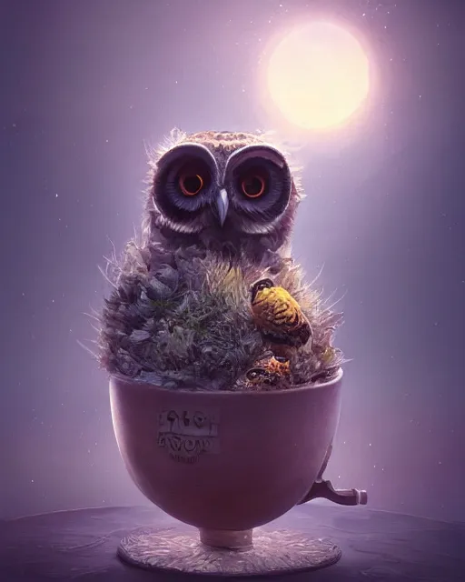 Image similar to long shot of a very cute owl chick nesting in a very futuristic cup, esao andrews, humorous illustration, hyperrealistic, big depth of field, warm colors, night scenery, low light, 3 d octane render, 4 k, conceptart, hyperdetailed, hyperrealistic, trending on artstation