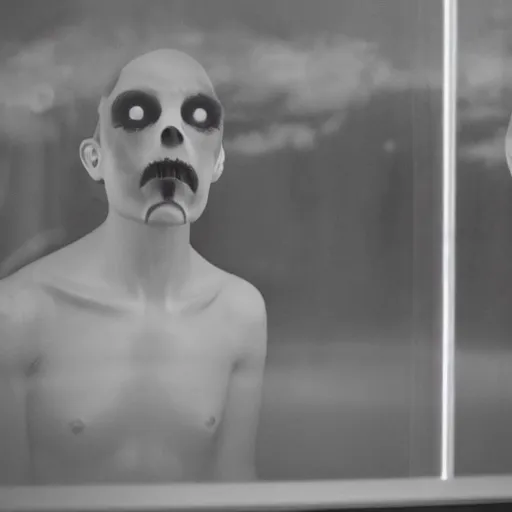 Prompt: occult creature stares behind glass, photograph, uncanny, scary