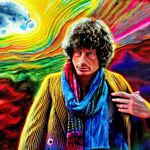 Image similar to tom baker using his scarf to fly, psychedelic, clouds, 4 k, intricate high details, sharp, 1 9 7 7, photo realistic, matt finish, realistic shadows, psychedelic