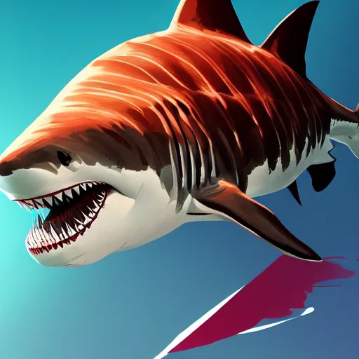 Prompt: great white shark, side view, with a silver and orange striped traffic cone on its dorsal fin - ron cheng & alphonse mucha, highly detailed, digital painting, ray tracing, concept art, illustration, smooth sharp focus, intricate, symmetry, artstation,
