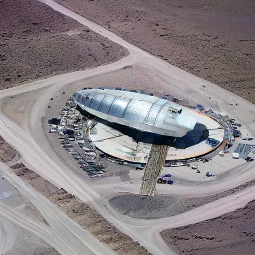 Prompt: aerial view of area 51 with space ships on the ground