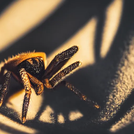 Image similar to detailed photograph of a chocolate ice cream cone becoming a hairy brown recluse spider body at the bottom. dramatic, golden light. realistic photograph. delicious. hairy. chocolatey. spidery.