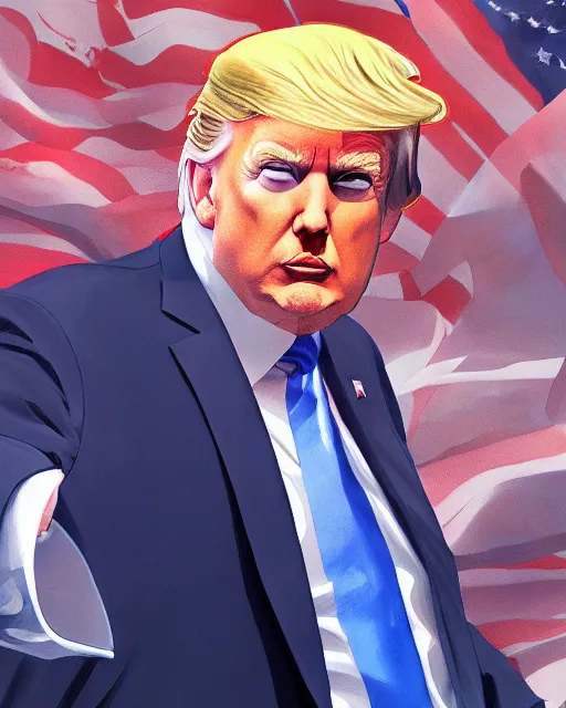 Prompt: painting of donald trump, ambient lighting, dynamic lighting, official media, anime key visual, detailed, artwork by makoto shinkai