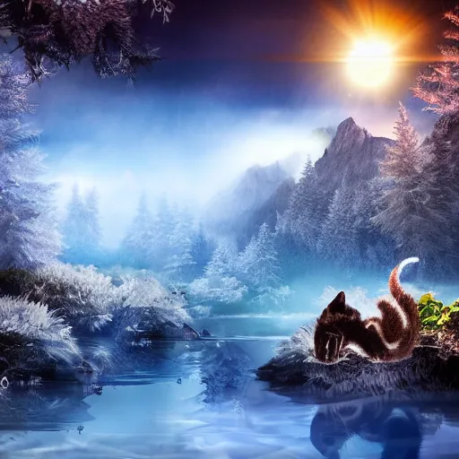 Prompt: Kitten realistic 4k HD fantasy world water trees mountains ice snow fog