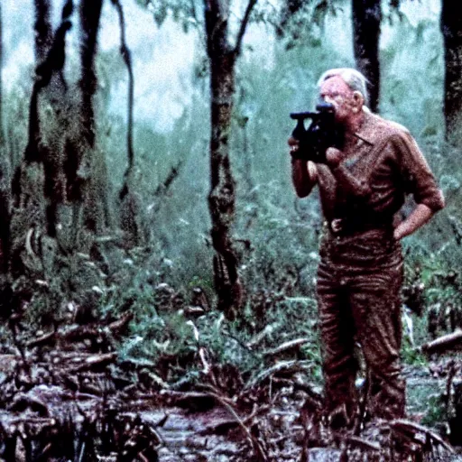 Image similar to cinematic still of sir david attenborough, covered in mud and watching a magnificent predator in the distance with a binocular in 1 9 8 7 movie predator hd, 4 k