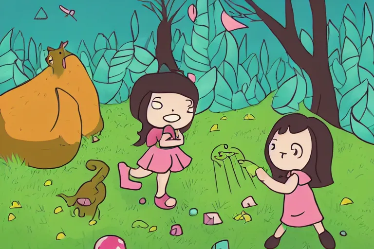 Prompt: Illustration of a small girl playing with an adorable monster with big beautiful eyes on a lush grassy hill, Gravity Falls style