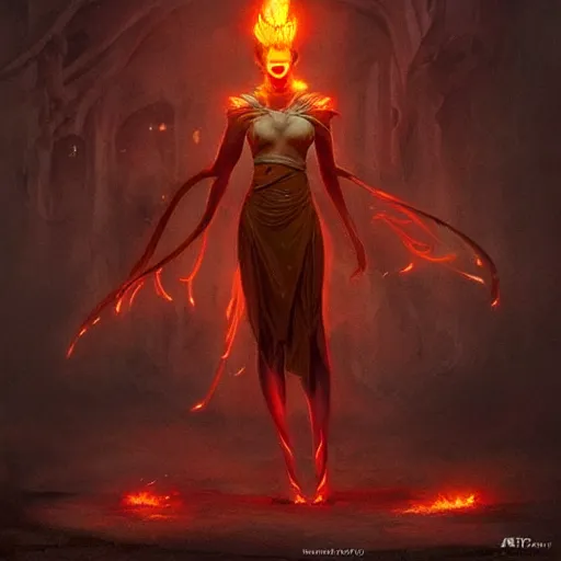 Image similar to a fantastical glowing elf made of fire illustrated by artgerm and greg rutkowski