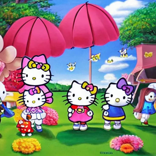 Image similar to painting of hello kitty and sanrio characters playing outside on a sunny day, by artgerm