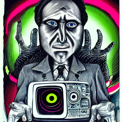 Prompt: depraved and insane man with spiral eyes and tvs with eyes on the screen all around in the style of herbert ploberger and nainoa rosehill, mixed media, 8 k ultra, surrealist