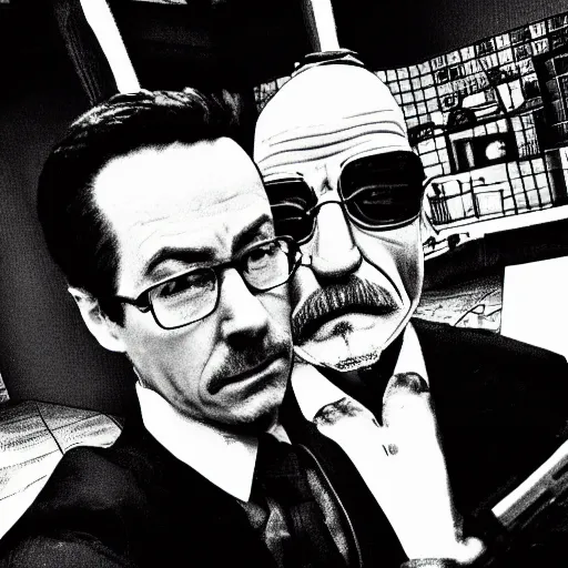 Prompt: photography of phoenix wright doing a selfie with walter white in minecraft, black and white, dark, clear, pixel