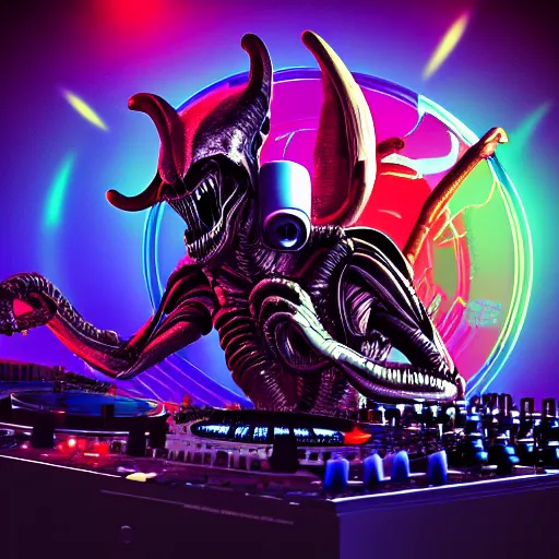 Prompt: Still film of xenomorph playing dj with tomorrowland background, digital art, intricate, 4k, colourful