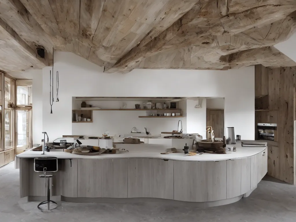 Image similar to luxury bespoke kitchen design, modern rustic, Japanese and Scandanvian influences, understated aesthetic, innovative materials and textrue, by Roundhouse Design