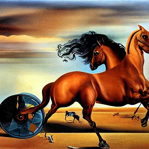 Image similar to A horse with wheels splits the fabric of time. Painting by Salvador Dali.