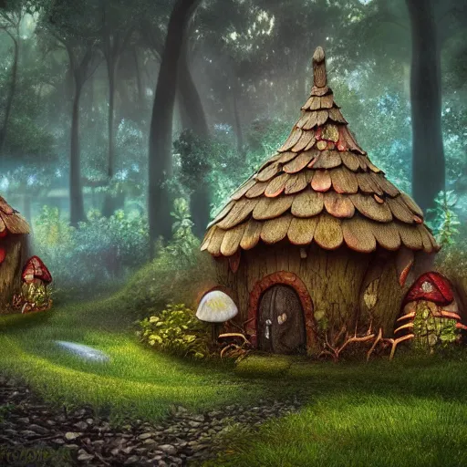 Image similar to a fairy mushroom house village, misty forest, fantasy, arnold render, trending on artstation, cgsociety