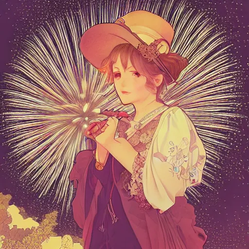 Image similar to girl watching watching fireworks on a hill, digital art, by range murata, akiyuki shinbou, alphonse mucha, highly detailed, realistic, cinematic