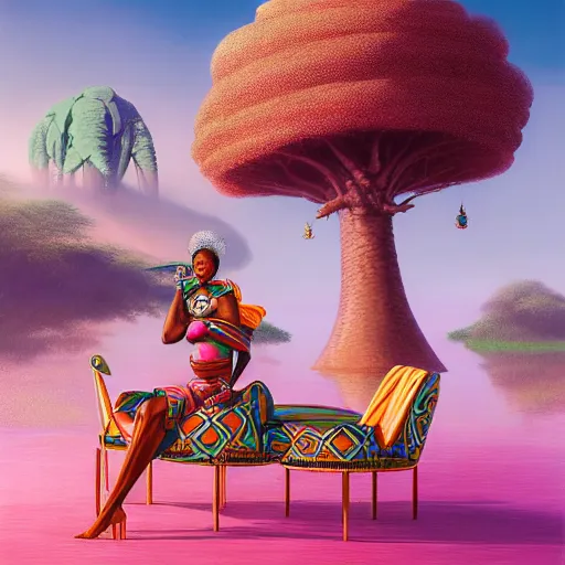 Image similar to a regal and elegant african queen with a colorful afro sitting in a cabana on top of an extremely large steampunk elephant near a pink lake with a large glowing baobab tree, by greg rutkowski and android jones in a cyberpunk style, oil on canvas 8k, hd