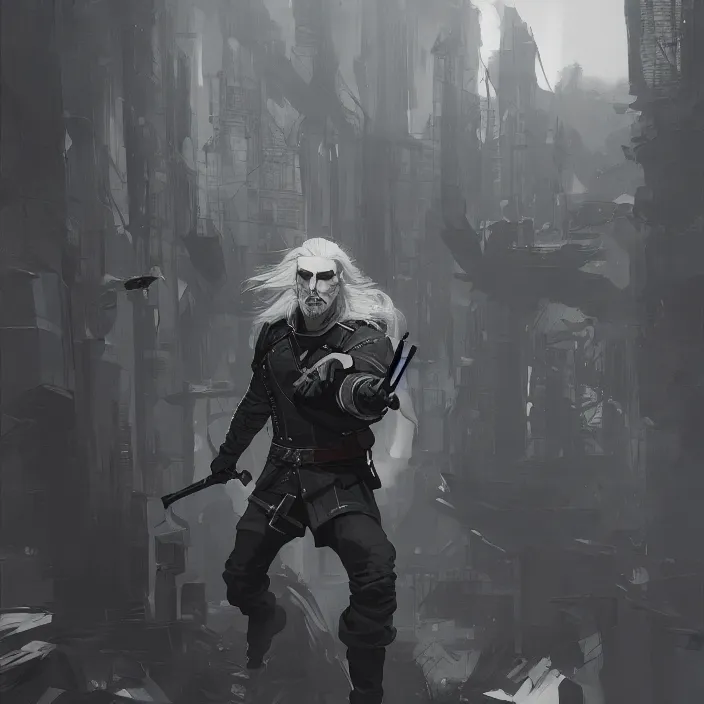 Prompt: a douchrome comic noir illustration painting of geralt of rivia by sachin teng and sergey kolesov and ruan jia and heng z. graffiti art, sci fi, hyper detailed. octane render. trending on artstation