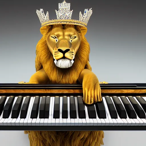 Image similar to a lion wearing a kings crown, playing a futuristic piano in space, ultra hd, 3d render