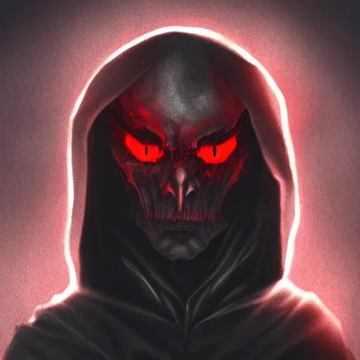 Image similar to dark lord looking into the camera, red glowing eyes, wearing black robe, white background, artstation