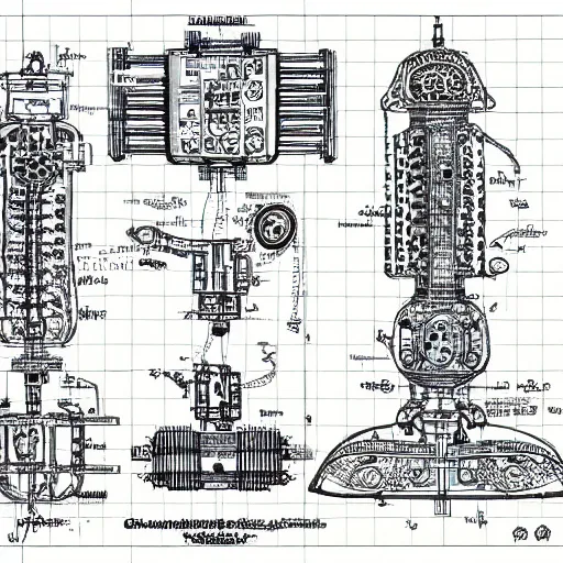 Prompt: schematic blueprint of highly detailed ornate filigreed convoluted ornamented elaborate medical equipment