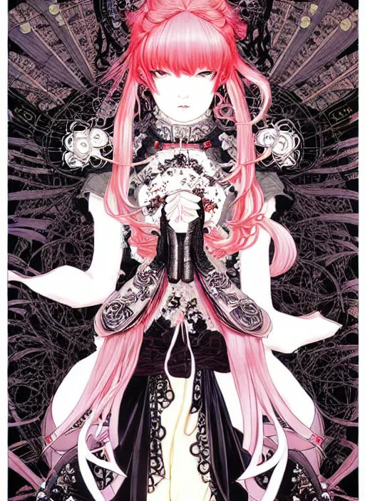 Image similar to artstation fantastic fate manga poster of princess mechine, takato yamamoto, long hair, art nouveau, armor, laces, ruffles, by katsuhiro otomo, shigenori soejima, minaba hideo, jump comics, fluorescent, illustration,, highly detailed, 8 k, maximalist,