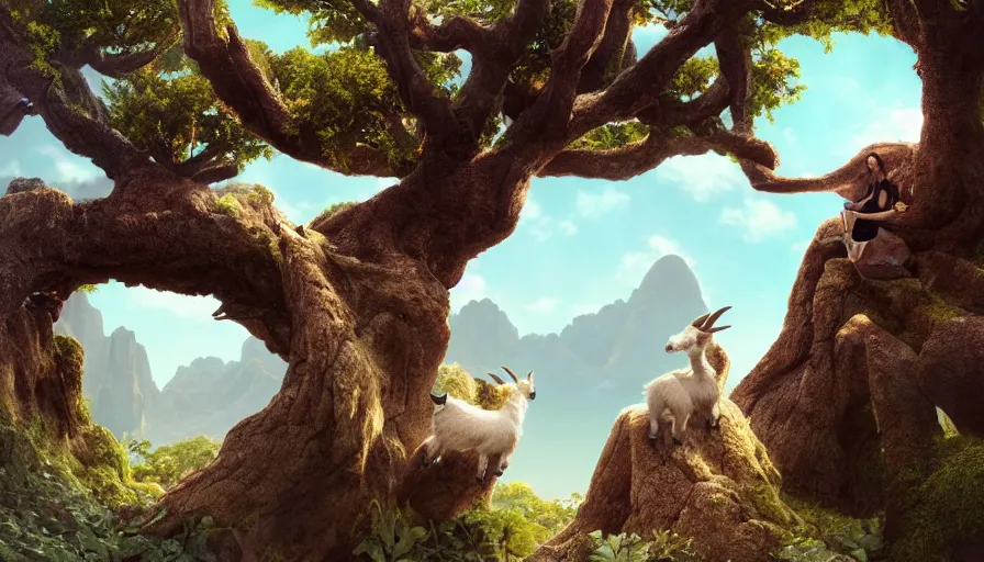 Prompt: very very small goat, sitting on a gigantic dragon tree in socotra island by ilya kuvshinov, rtx rendering, octane render 1 2 8 k, maya, extreme high intricate details by tom bagshaw, medium shot, close up shot, composition by sana takeda, lighting by greg rutkowski