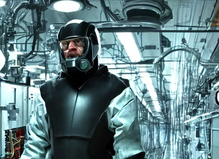 Image similar to film still of Brian Cranston as Gordan Freeman in an underground lab facility wearing a black HEV suit in the Half Life Movie, 4k