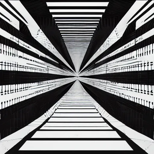 Prompt: a solemn simulacrum, standing inside an infinite corridor, trending on artstation, abstract black and white painting, masterpiece, 8K