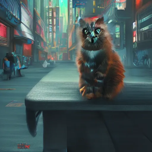 Image similar to long shot of cat sitting on a bench in a cyberpunk city, highly detailed, digital painting, artstation, concept art, sharp focus, illustration, octane render, award winning