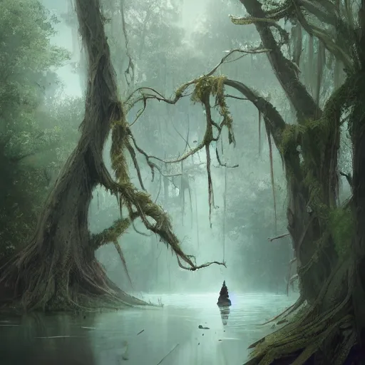 Image similar to a beautiful tree in the middle of a swamp, digital Art, Greg rutkowski, Trending artstation, cinematic