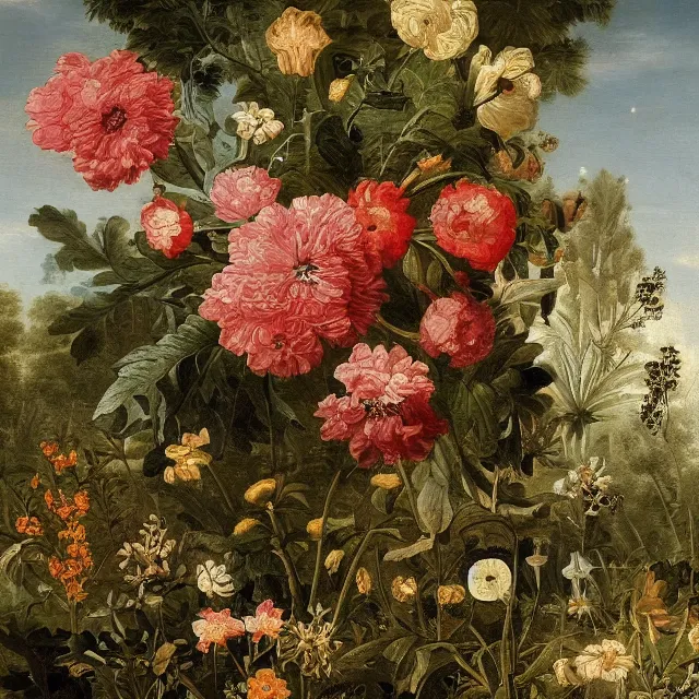 Prompt: a painting of flowers in a garden at night, a flemish baroque by jan van kessel the younger, intricate high detail masterpiece