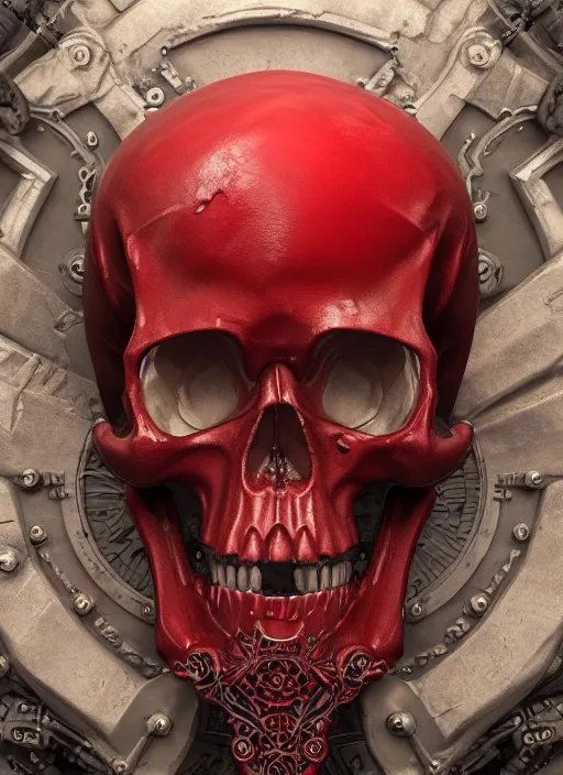 Prompt: 3d render ultra detailed of a skull, art deco, steam punk, intricate details, hyperrealistic, ultra detailed, elegant, octane render, black and red, 8k, trending on Artstation, unreal engine