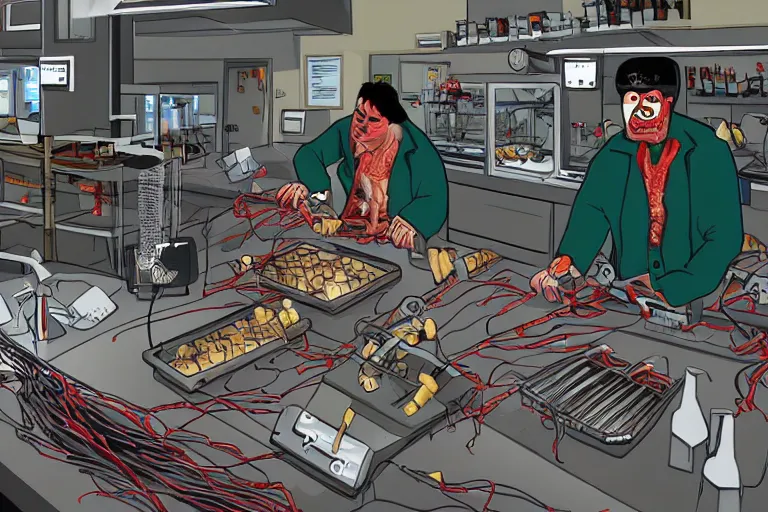 Image similar to A robotic butcher shop, where retirees come to buy fresh meat and sausages on weight. A cyborg with a lot of wires and a set of knives on the tabletop serves it. It's noticeable that several wires are sparking (it's malfunctioning). Under the counter lie the dismembered corpses of the people (shopkeepers and other customers) whose meat he is selling.