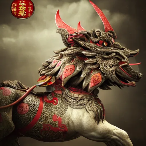 Image similar to The Chinese Zodiac sign of dog warrior, traditional Chinese textures, hyper detail, Unreal engine,Octane render, by Brooke Shaden