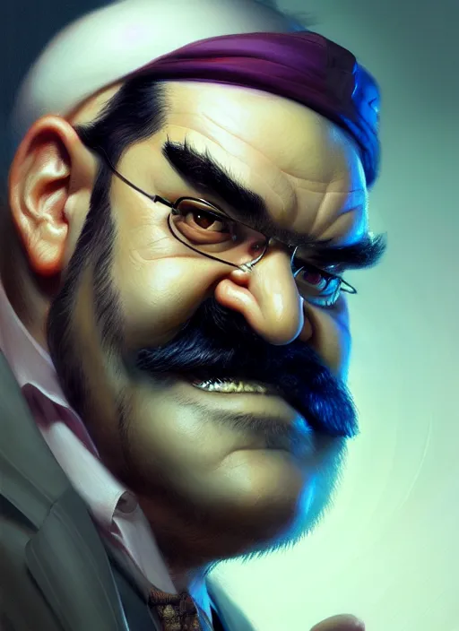 Prompt: realistic portrait of wario, intricate, elegant, glowing lights, highly detailed, digital painting, artstation, concept art, smooth, sharp focus, illustration, art by wlop, mars ravelo and greg rutkowski