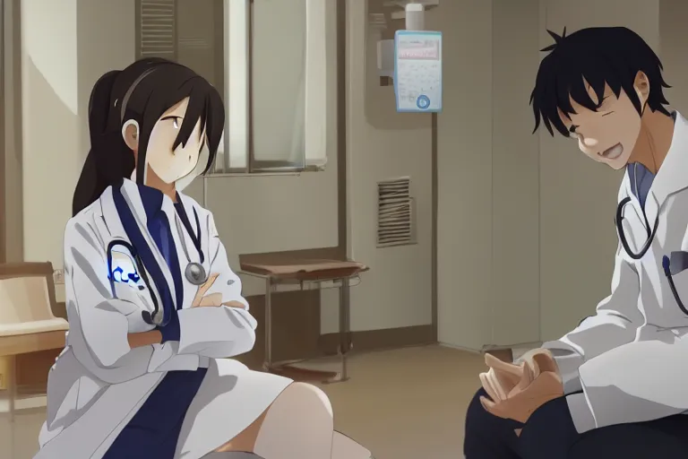 Image similar to a cute young female doctor wearing white coat are talking with an old surgeon in a hospital, slice of life anime, lighting, anime scenery by Makoto shinkai