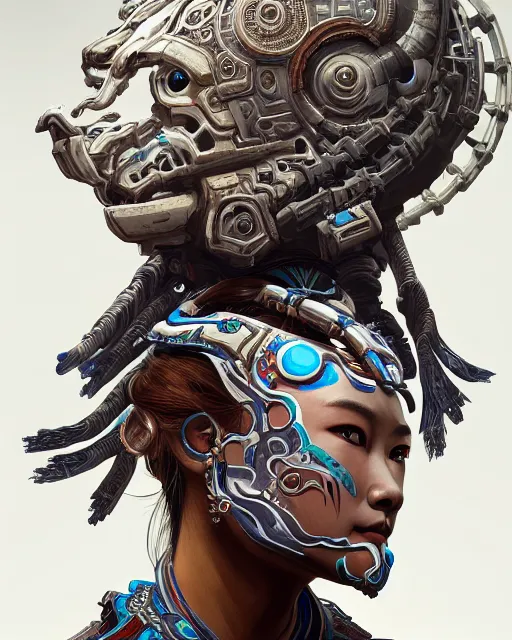 Image similar to portrait of a machine from horizon zero dawn, machine face, upper body, decorated with chinese opera motifs, asian, traditional chinese art, intricate, elegant, highly detailed, digital painting, artstation, concept art, smooth, sharp focus, illustration, art by artgerm and greg rutkowski and alphonse mucha, 8 k