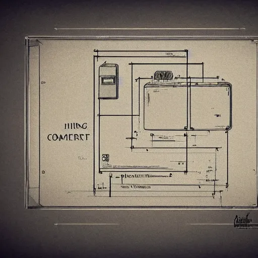 Image similar to old blueprint of gaming computer,high deatil,computer art,concept art