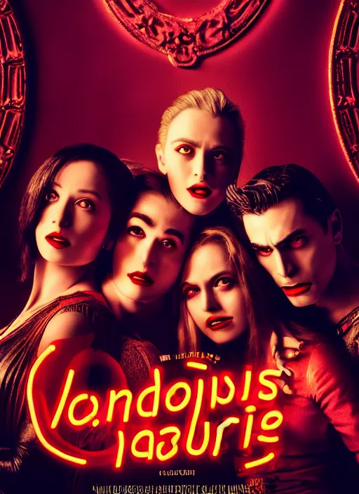 Image similar to movie poster with three vampires sitting around a table, baroque style, neon lights in the background, dramatic light