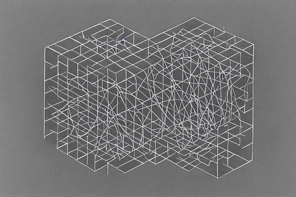Image similar to geometric anamorphic drawing of a tesseract, by birdo, alex maksiov and john pugh